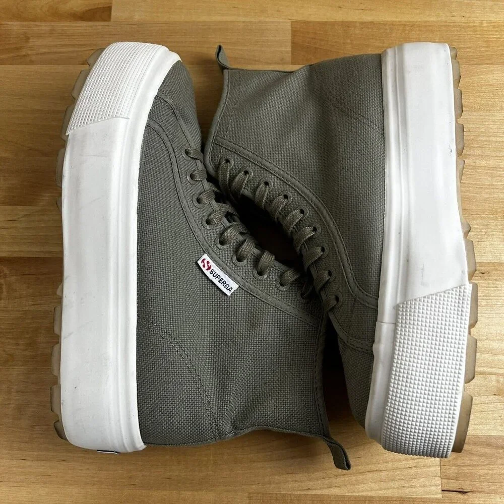 Superga 2708 High Top Tank Sneakers Platform Shoes Green Canvas Womens 9 Men 7.5